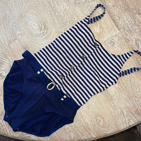 Vintage 90s 80s nautical sailor One Piece Swim Bodysuit Low Back Woven Striped - Picture 1 of 5